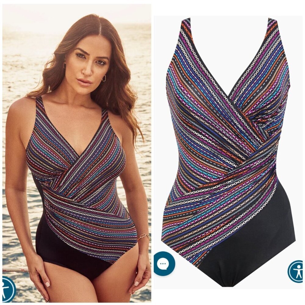 Miraclesuit Black One-Piece Swimsuit with Multicolor Stripe Wrap